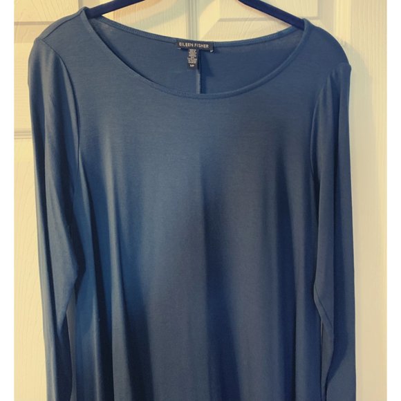 Eileen Fisher Midi Dress Size S Blue Viscose Spandex Stretch High Low Minimalist - Picture 3 of 6
